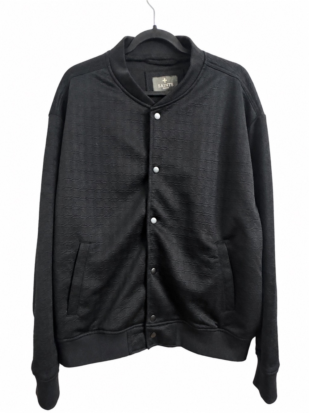 Saints Studio Men’s Black Textured Bomber Varsity Jacket Snap Front Stretch XL